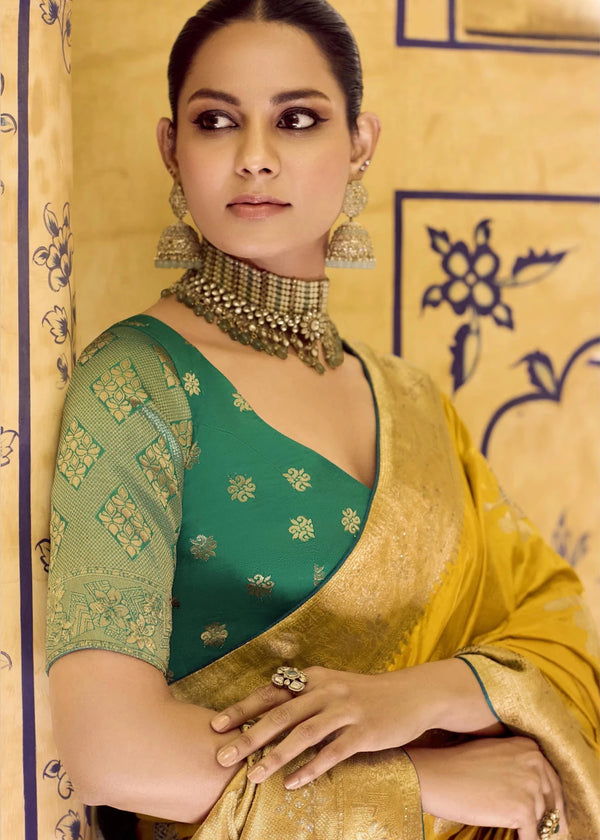 Mustard Yellow Banarasi Crepe Silk Saree with Teal Contrast Blouse