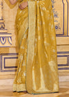 Mustard Yellow Banarasi Crepe Silk Saree with Teal Contrast Blouse