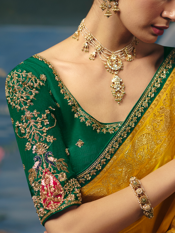 Mustard Yellow Banarasi Dola Silk Saree, contrast blouse close-up