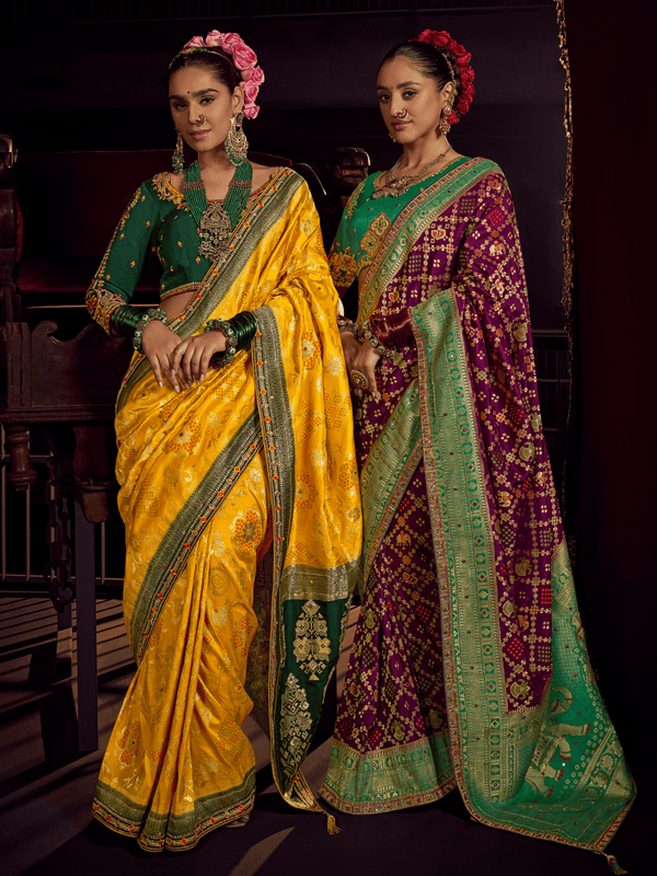Mustard Yellow Banarasi Dola Silk Saree With Contrast Blouse
