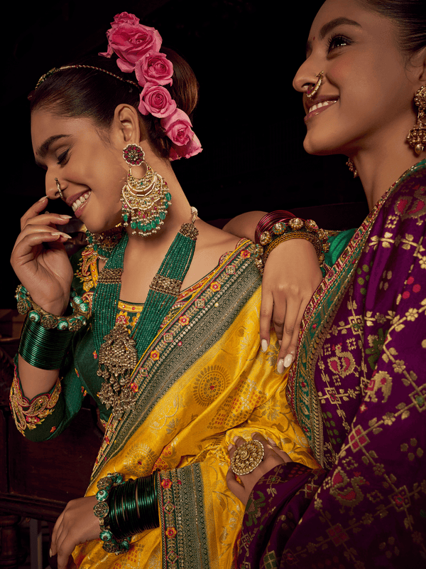 Mustard Yellow Banarasi Dola Silk Saree With Contrast Blouse