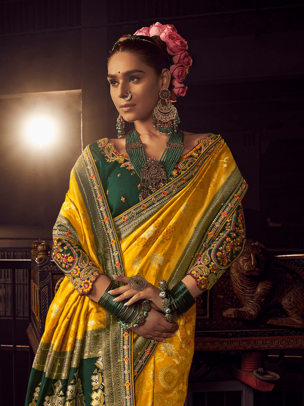 Mustard Yellow Banarasi Dola Silk Saree With Contrast Blouse