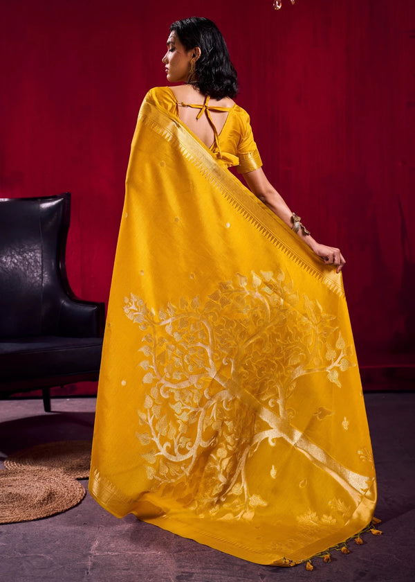 Mustard Yellow Banarasi Satin Silk Saree