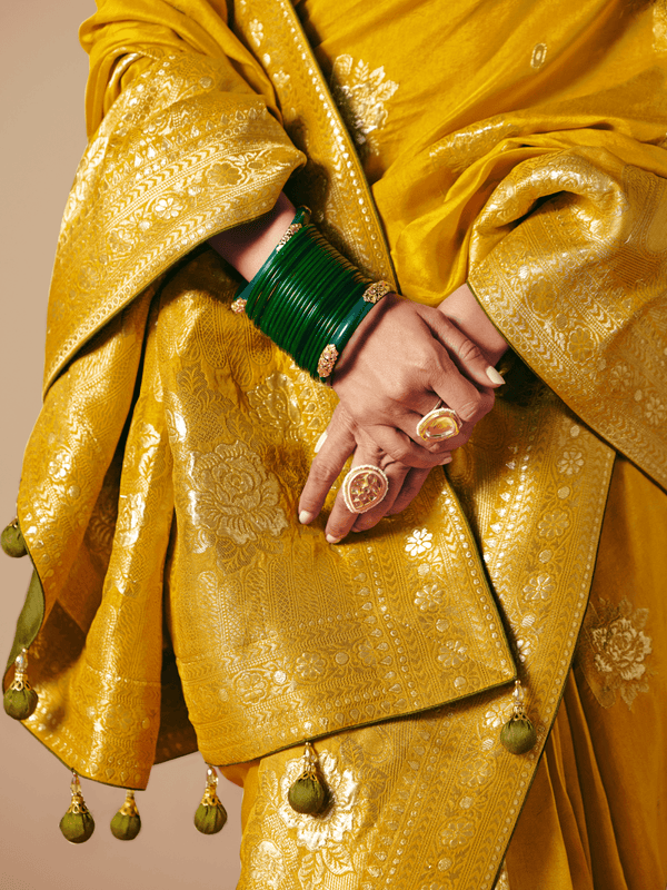Mustard Yellow Banarasi Silk Saree With Contrast Blouse
