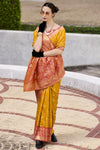 Mustard Yellow Banarasi Silk Saree With Vermillion Red Zari Border