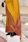 Mustard Yellow Banarasi Silk Saree With Vermillion Red Zari Border