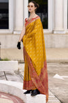 Mustard Yellow Banarasi Silk Saree With Vermillion Red Zari Border