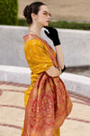 Mustard Yellow Banarasi Silk Saree With Vermillion Red Zari Border