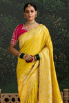 Mustard Yellow Designer Banarasi Dola Silk Saree With Golden Zari Work