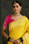 Mustard Yellow Designer Banarasi Dola Silk Saree With Golden Zari Work