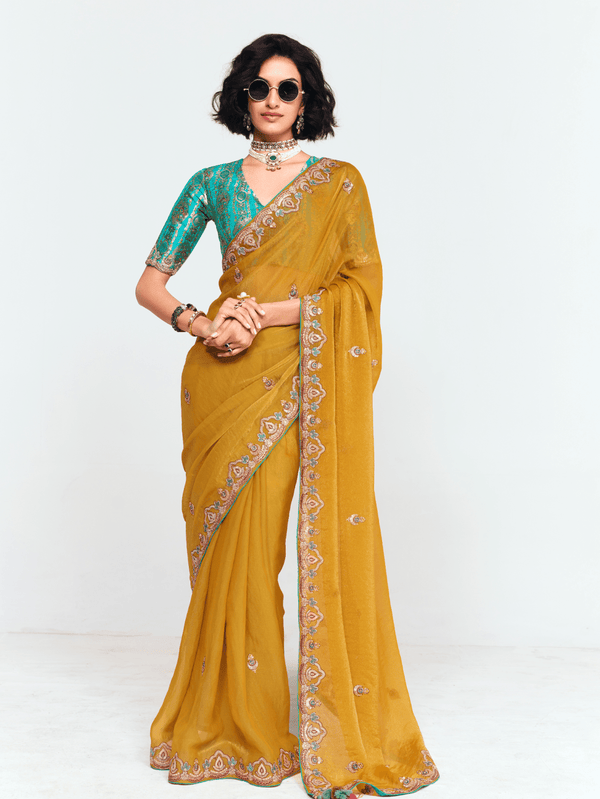 Mustard Yellow Designer Organza Silk Saree With Contrast Blouse
