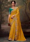 Mustard Yellow Designer Organza Silk Saree With Contrast Blouse