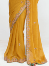 Mustard Yellow Designer Organza Silk Saree With Contrast Blouse