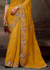 Mustard Yellow Designer Organza Silk Saree With Contrast Blouse