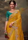 Mustard Yellow Designer Organza Silk Saree With Contrast Blouse