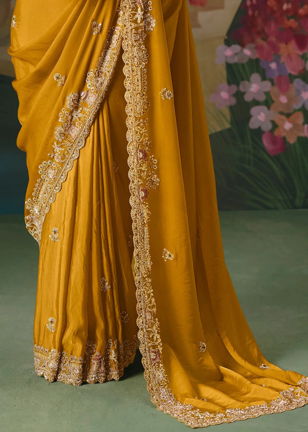Mustard Yellow Designer Silk Saree with Zari Embroidery Work