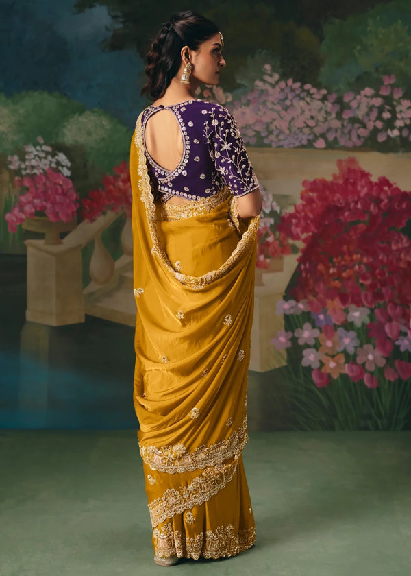 Mustard Yellow Designer Silk Saree with Zari Embroidery Work