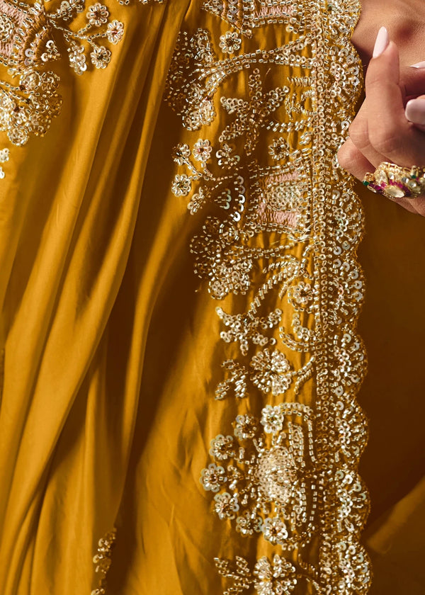 Mustard Yellow Designer Silk Saree with Zari Embroidery Work