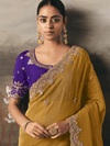 Mustard Yellow Embroidered Designer Organza Silk Saree With Contrast Blouse
