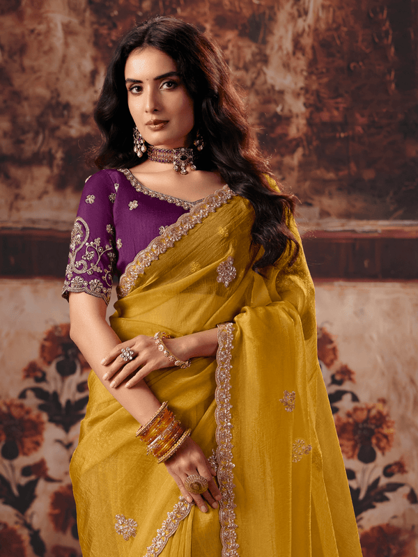 Mustard Yellow Embroidered Designer Organza Silk Saree With Contrast Blouse