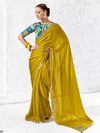 Mustard Yellow Embroidered Designer Organza Silk Saree With Contrast Blouse
