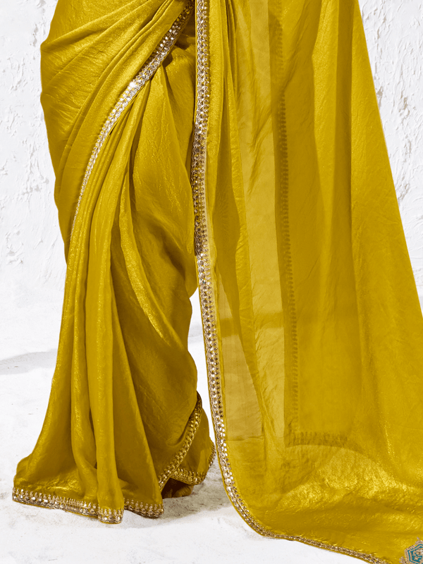 Mustard Yellow Embroidered Designer Organza Silk Saree With Contrast Blouse
