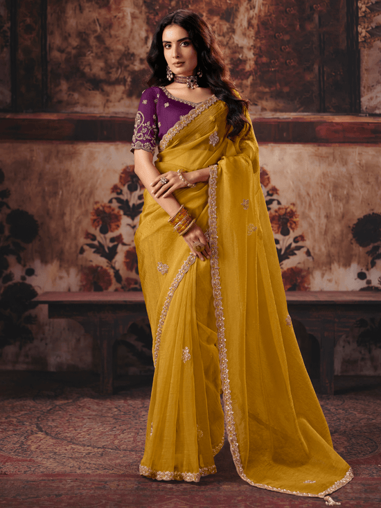Mustard Yellow Embroidered Designer Organza Silk Saree With Contrast Blouse