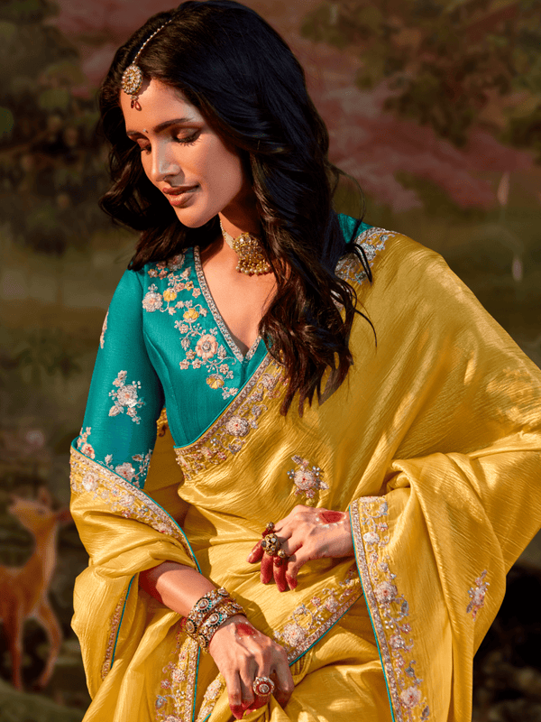 Mustard Yellow Embroidered Designer Organza Silk Saree With Contrast Blouse