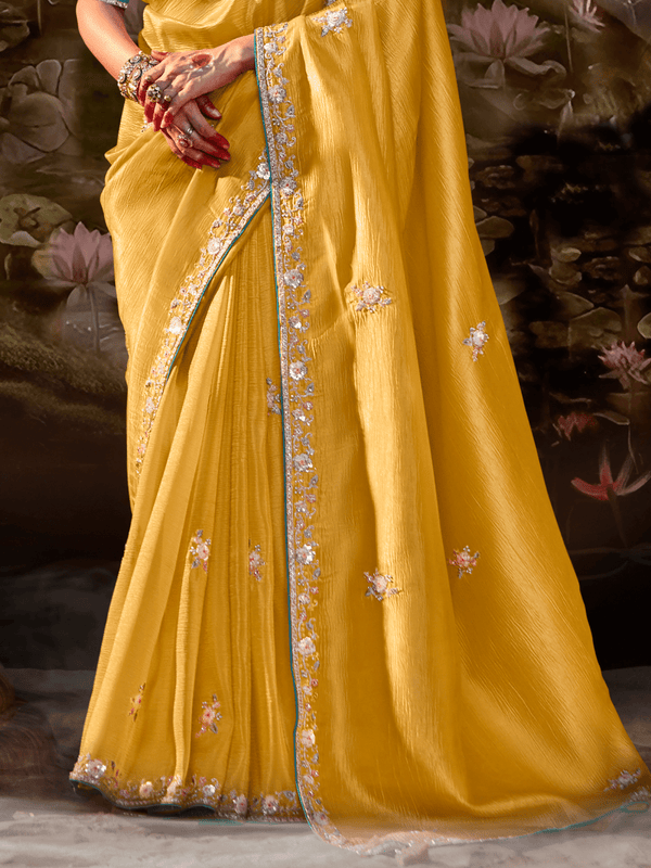 Mustard Yellow Embroidered Designer Organza Silk Saree With Contrast Blouse