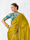 Mustard Yellow Embroidered Designer Organza Silk Saree With Contrast Blouse