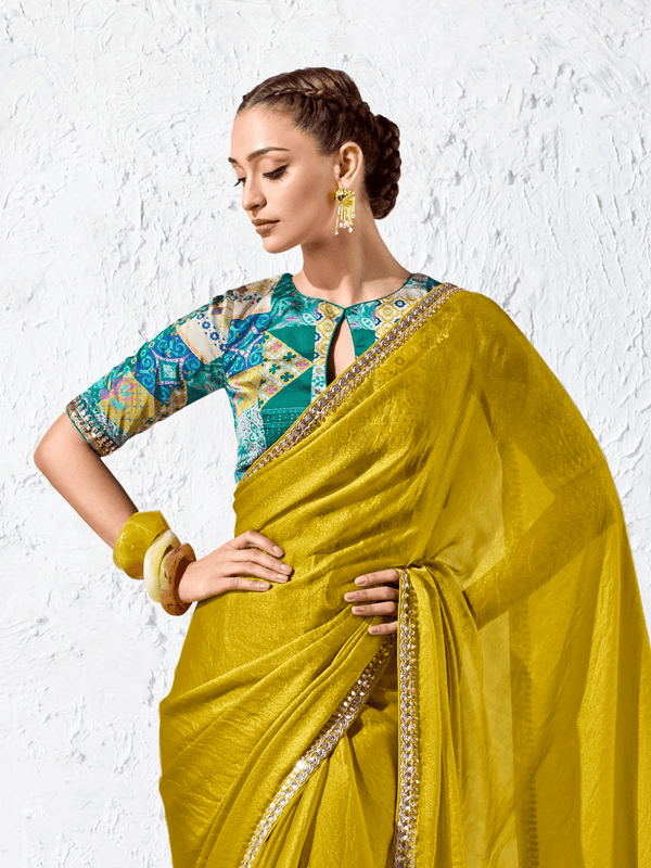 Mustard Yellow Embroidered Designer Organza Silk Saree With Contrast Blouse
