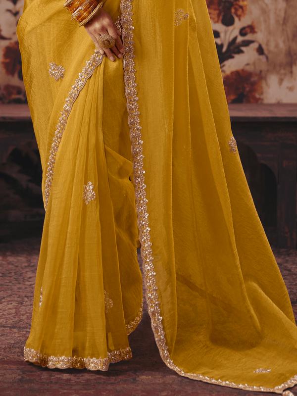 Mustard Yellow Embroidered Designer Organza Silk Saree With Contrast Blouse