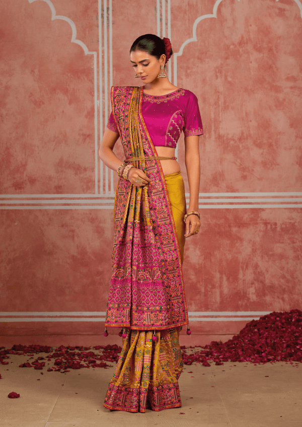 Mustard Yellow Embroidered Designer Satin Silk Saree