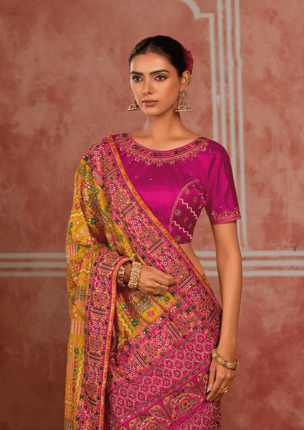 Mustard Yellow Embroidered Designer Satin Silk Saree
