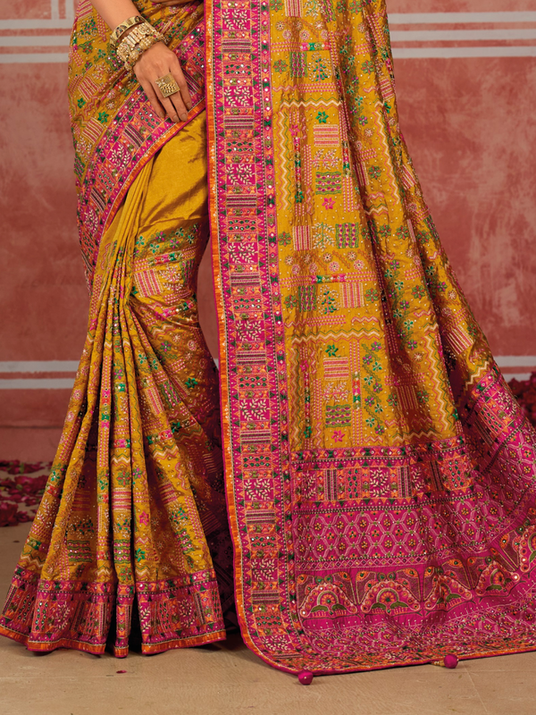 Mustard Yellow Embroidered Designer Satin Silk Saree