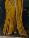 Mustard Yellow Embroidered Designer Satin Silk Saree With Contrast Blouse
