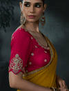 Mustard Yellow Embroidered Designer Satin Silk Saree With Contrast Blouse