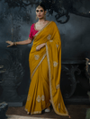 Mustard Yellow Embroidered Designer Satin Silk Saree With Contrast Blouse