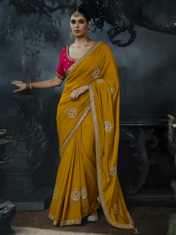 Mustard Yellow Embroidered Designer Satin Silk Saree With Contrast Blouse