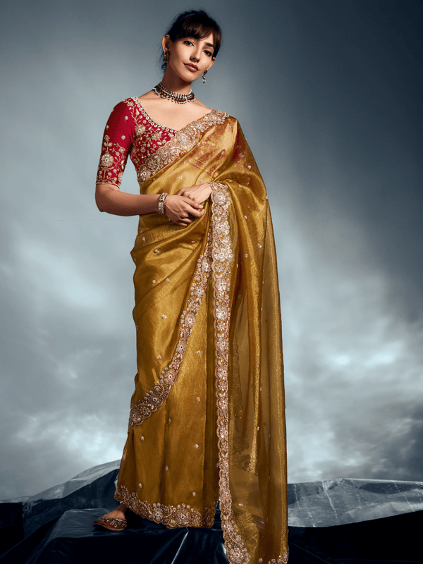 Mustard Yellow Embroidered Designer Tissue Organza Silk Saree With Contrast Blouse