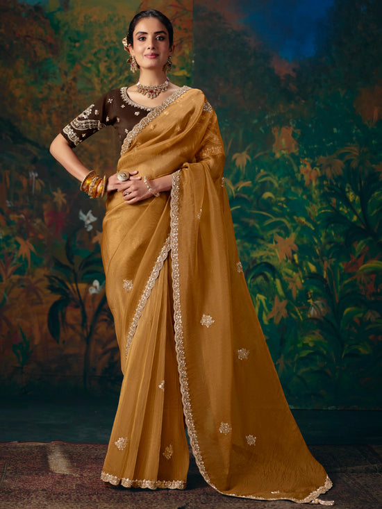 Mustard Yellow Embroidered Designer Tissue Silk Saree With Contrast Blouse