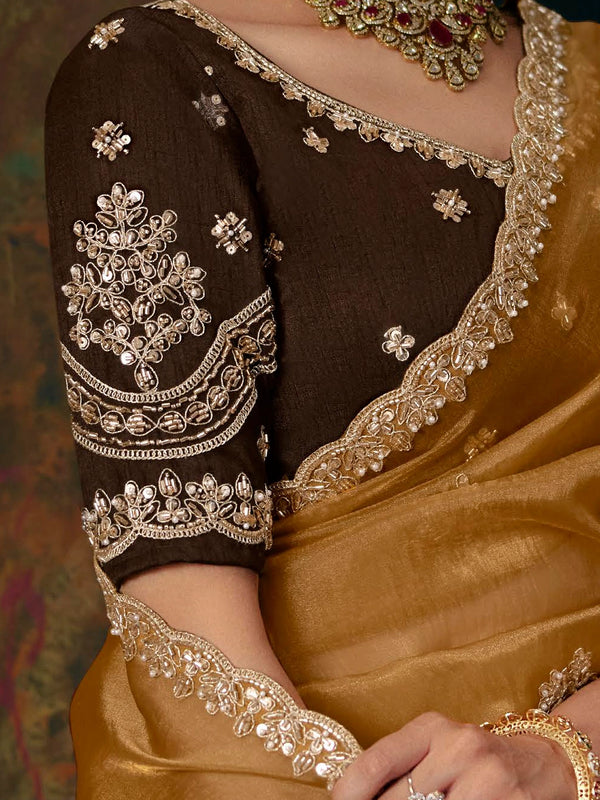 Mustard Yellow Embroidered Designer Tissue Silk Saree, contrast blouse close-up