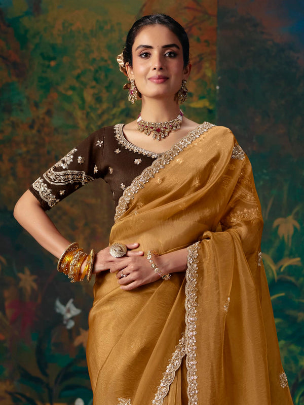 Mustard Yellow Embroidered Designer Tissue Silk Saree, pallu and blouse