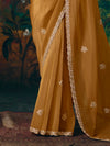 Mustard Yellow Embroidered Designer Tissue Silk Saree, border and drape