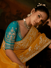 Mustard Yellow Embroidered Designer Tissue Silk Saree With Contrast Blouse