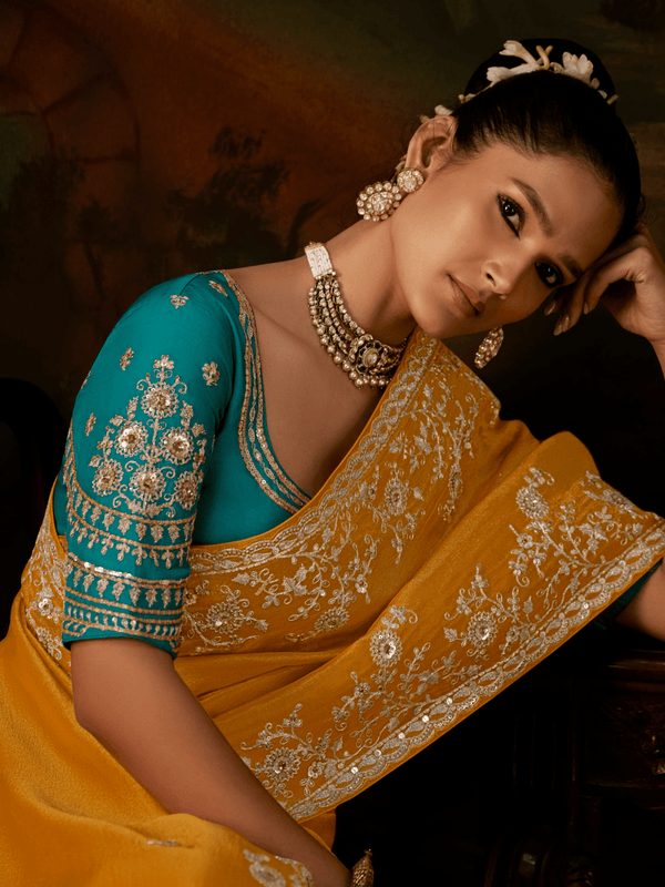 Mustard Yellow Embroidered Designer Tissue Silk Saree With Contrast Blouse