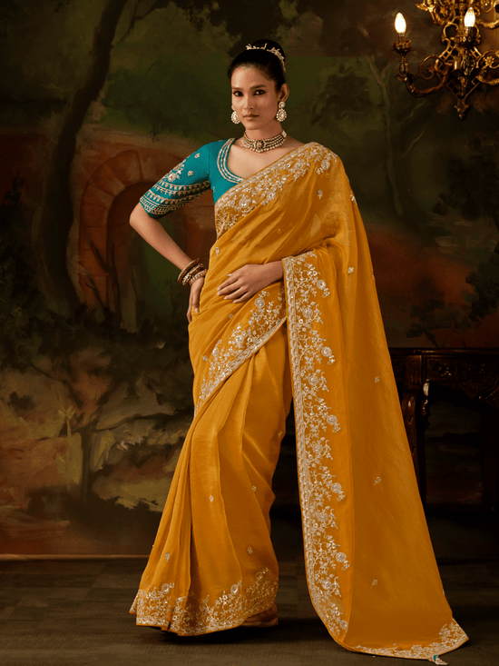 Mustard Yellow Embroidered Designer Tissue Silk Saree With Contrast Blouse