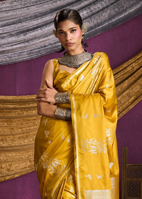 Mustard Yellow Satin Silk Saree