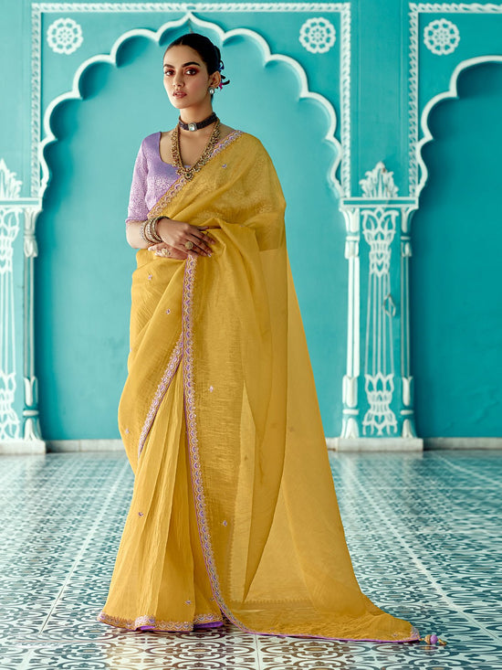 Mustard Yellow Tissue Saree with Embroidered Border