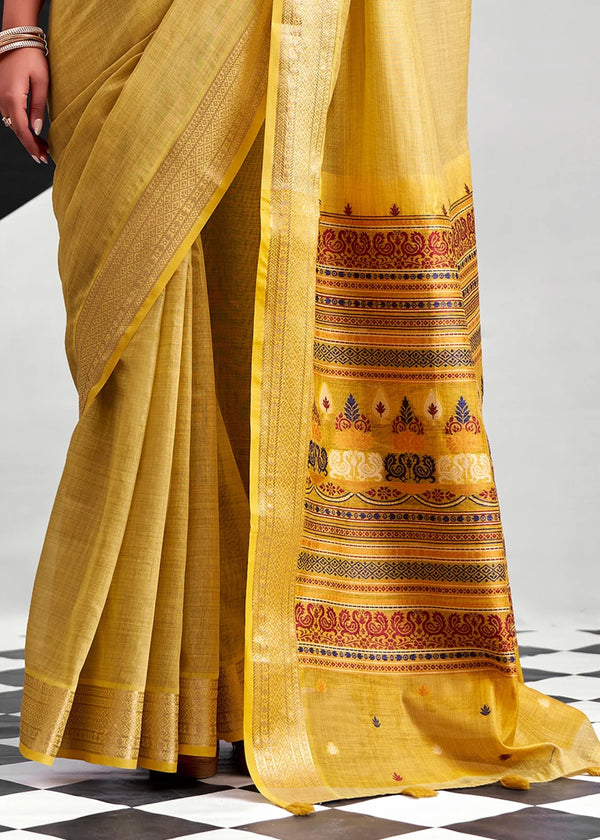 Mustard Yellow Woven Designer Linen Cotton Saree